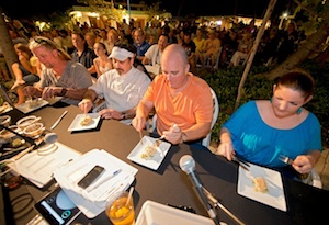 Stoky (in orange shirt) joined judges at the inaugural edition of the Key Largo and Islamorada Food & Wine Festival's "Chopped" team charity competition to evaluate a scallop appetizer entry prepared at Marker 88 in Islamorada. Photo: Andy Newman